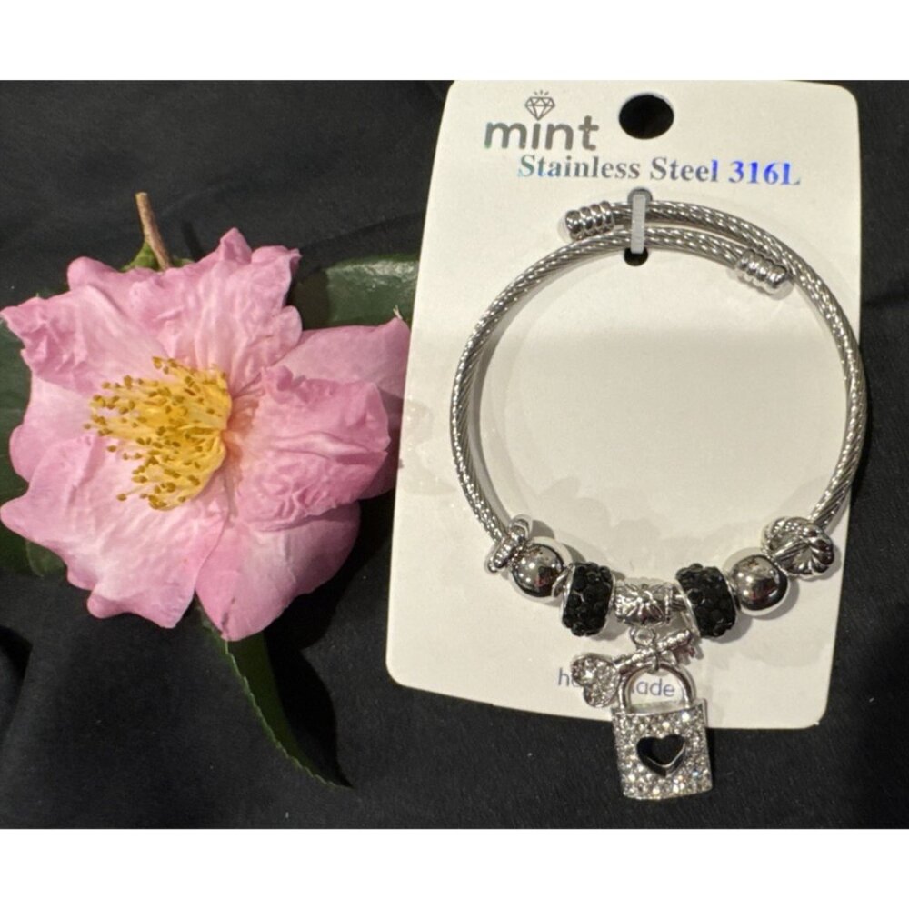 Mint Stainless Steel Heart PadLock Crystals Charm Silvertone Bangle Bracelet NEW